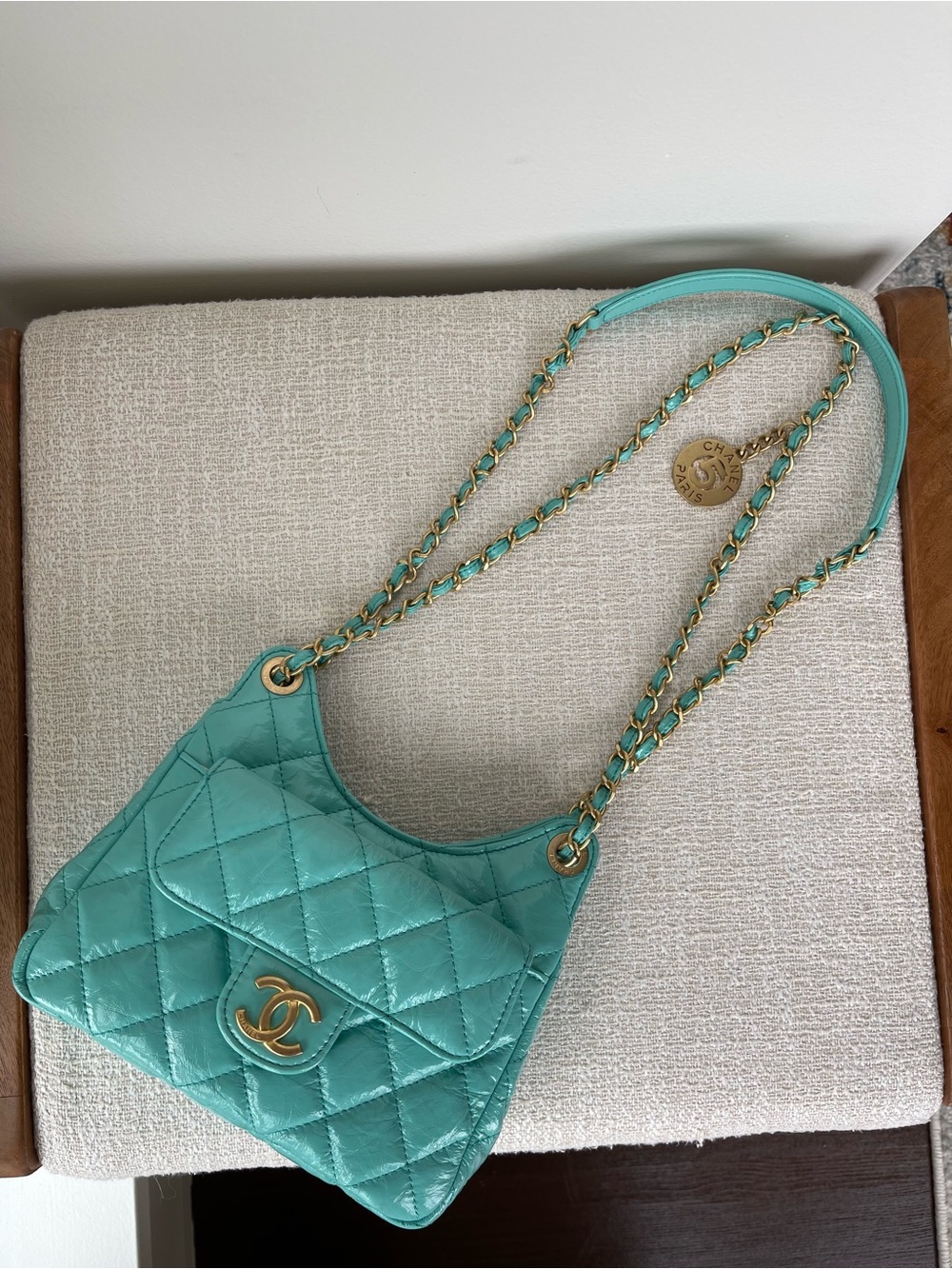 Chanel Small Wavy Hobo Bag Classic Quilted Crumpled Calfskin Rare Turquoise - Picture 4 of 12